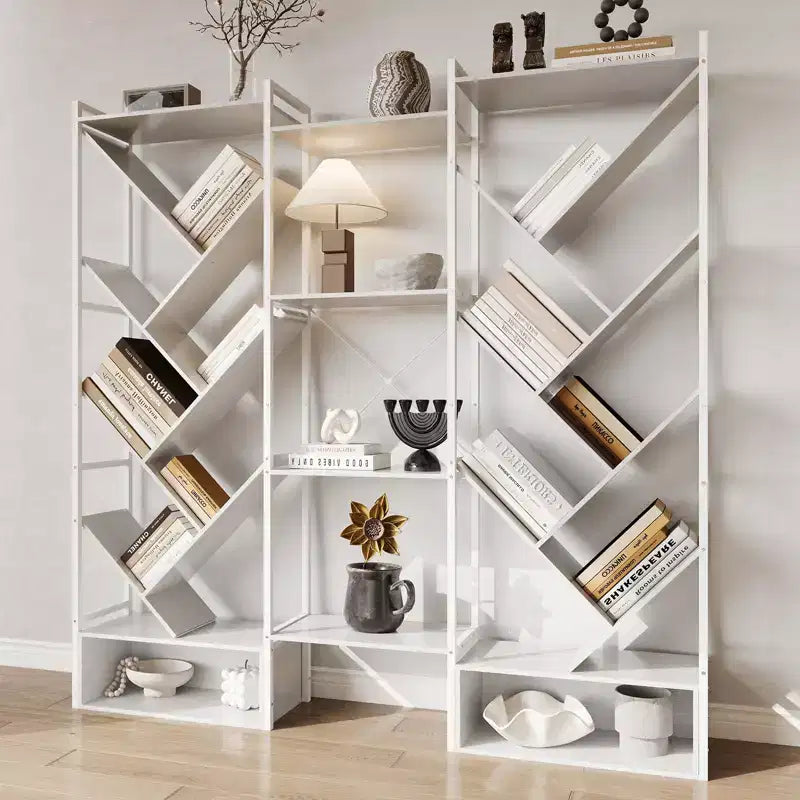 Bibliothèque triple à 6 niveaux, grande bibliothèque industrielle avec 24 étagères ouvertes, bibliothèque arbre industrielle, haute bibliothèque sur pied en bois