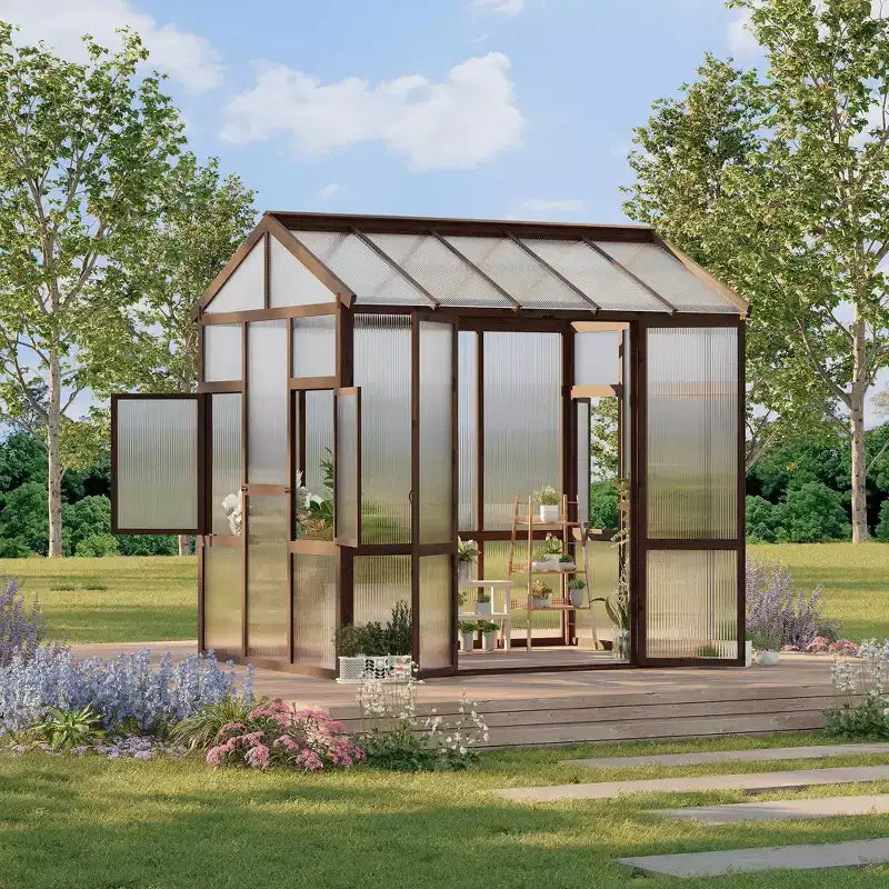 Serre en bois 6x8 pi pour extérieur, kit de serre robuste avec fenêtre ventilee et porte verrouillable, serre à entree de plain-pied pour arrière-cour, patio et pelouse