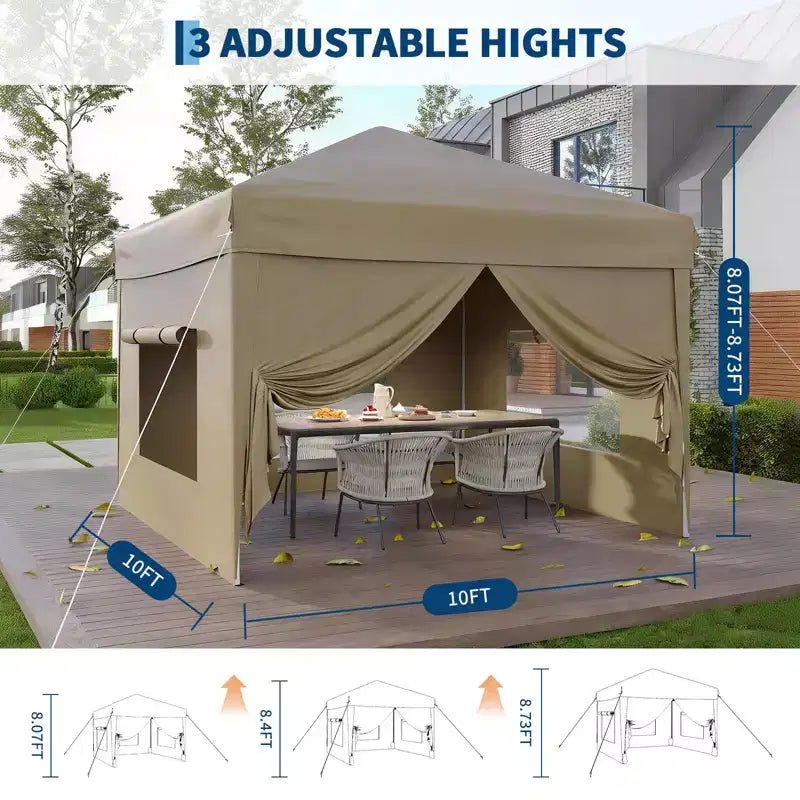 Tente auvent pliante 10x10 pi avec 4 parois laterales, auvent d'extérieur instantane robuste, impermeable et protection UV