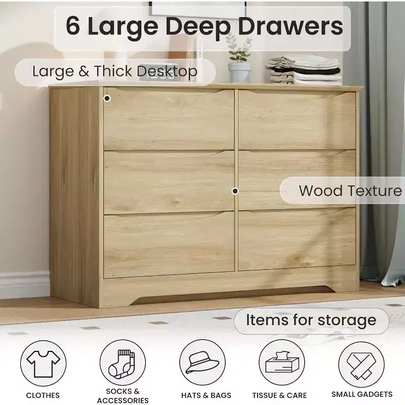 Commode en bois à 6 tiroirs, commode de rangement longue, armoire moderne, pour chambre, salon