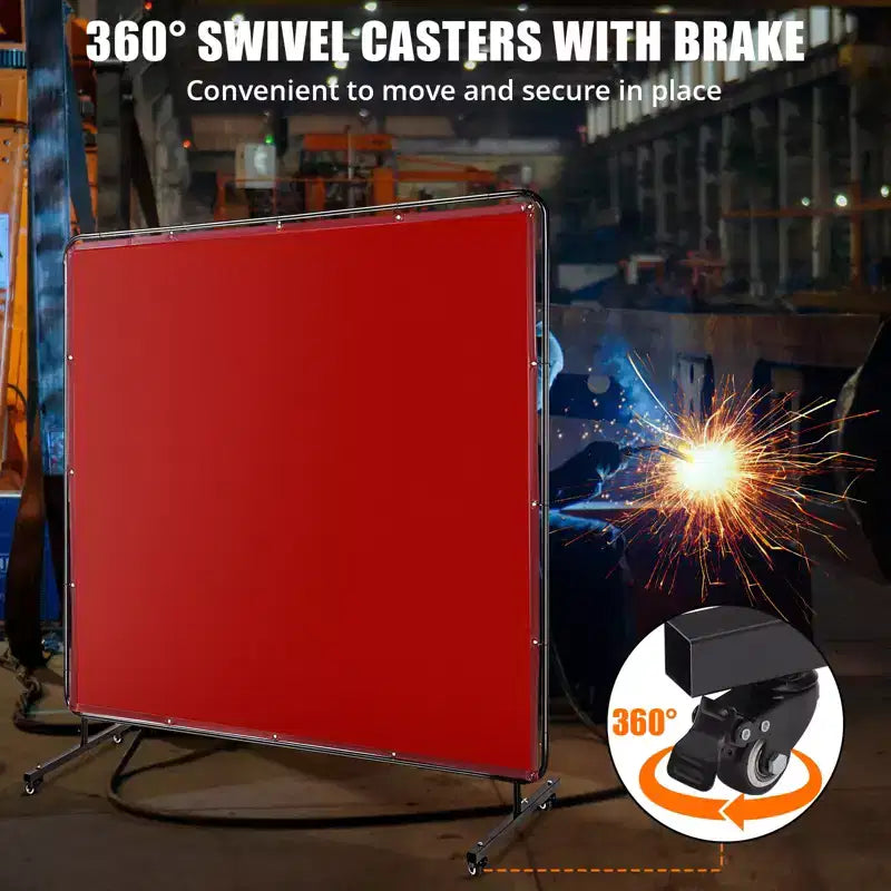 Écran de soudage en vinyle ignifuge 1,8 x 1,8 m avec cadre, rideau rouge transparent, roulettes pivotantes verrouillables, barrière portable pour atelier/usage industriel