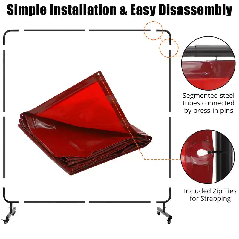 Écran de soudage en vinyle ignifuge 1,8 x 1,8 m avec cadre, rideau rouge transparent, roulettes pivotantes verrouillables, barrière portable pour atelier/usage industriel