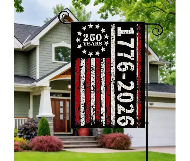 Drapeau de jardin Lomsoe pour le 250e anniversaire 1776-2026 Drapeau de cour patriotique Jour de l'Indépendance Drapeau de signalisation 4 juillet Panneau de cour patriotique Décoration de jardin 12x18 pouces