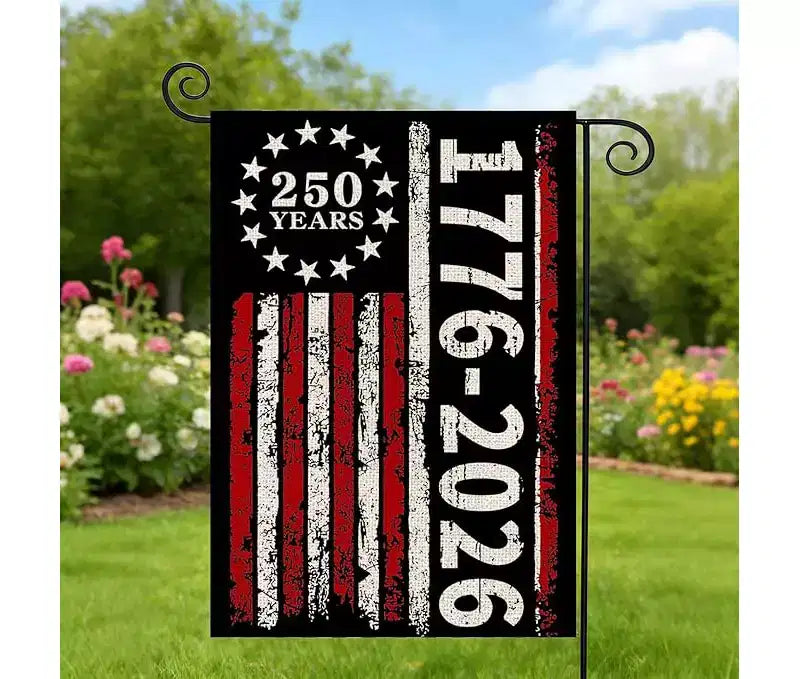 Drapeau de jardin Lomsoe pour le 250e anniversaire 1776-2026 Drapeau de cour patriotique Jour de l'Indépendance Drapeau de signalisation 4 juillet Panneau de cour patriotique Décoration de jardin 12x18 pouces