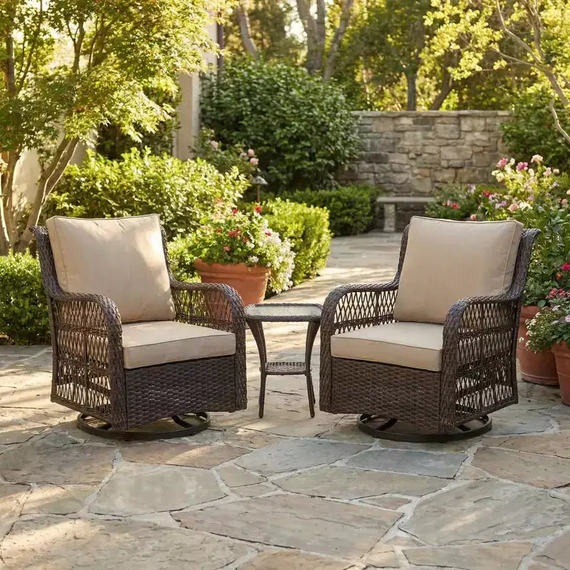Garvee Lot de 3 tables et chaises d'extérieur, ensemble bistrot de patio avec fauteuil à bascule pivotant en osier pour cour arrière, balcon, jardin, abricot