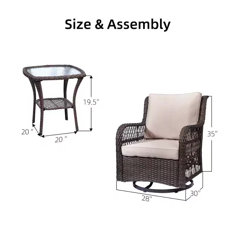 Garvee Lot de 3 tables et chaises d'extérieur, ensemble bistrot de patio avec fauteuil à bascule pivotant en osier pour cour arrière, balcon, jardin, abricot