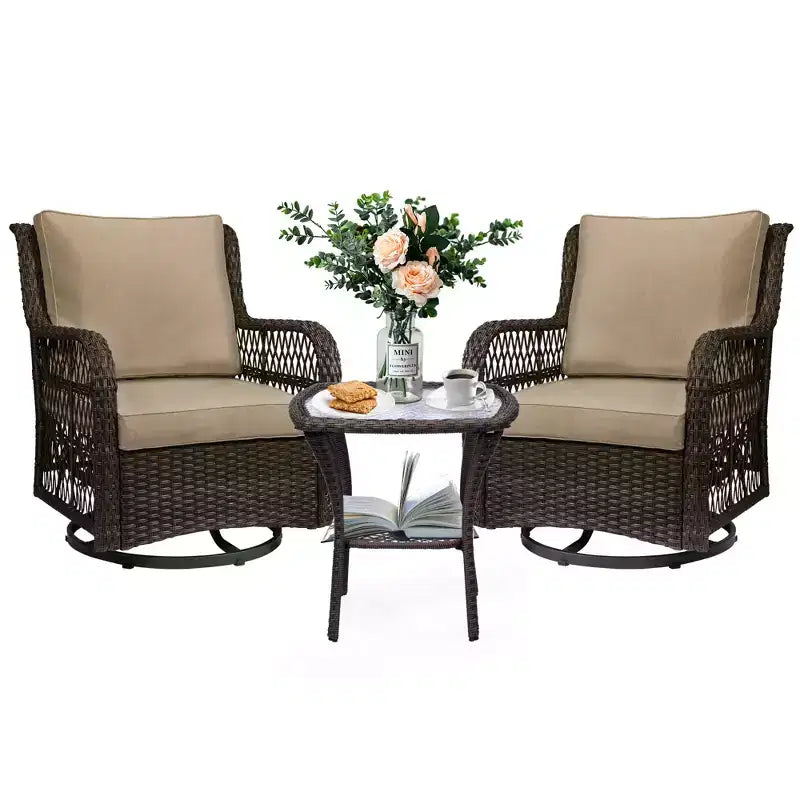 Garvee Lot de 3 tables et chaises d'extérieur, ensemble bistrot de patio avec fauteuil à bascule pivotant en osier pour cour arrière, balcon, jardin, abricot