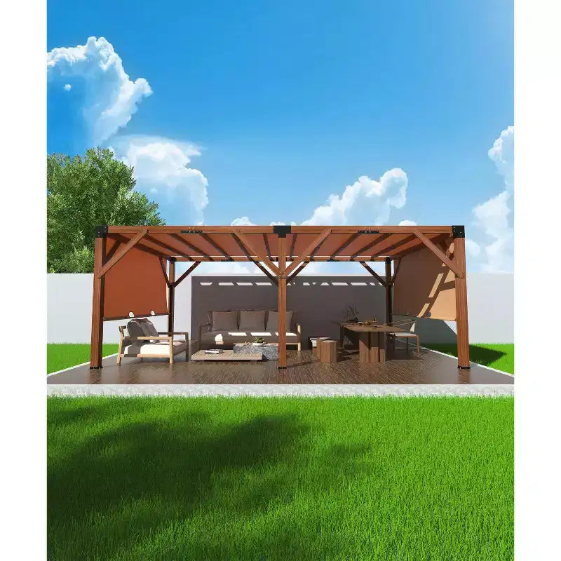 GustoWave Pergola d'extérieur en bois de cèdre avec auvent d'ombrage retractable, gazebo en bois robuste pour patio, arrière-cour, jardin et bord de piscine