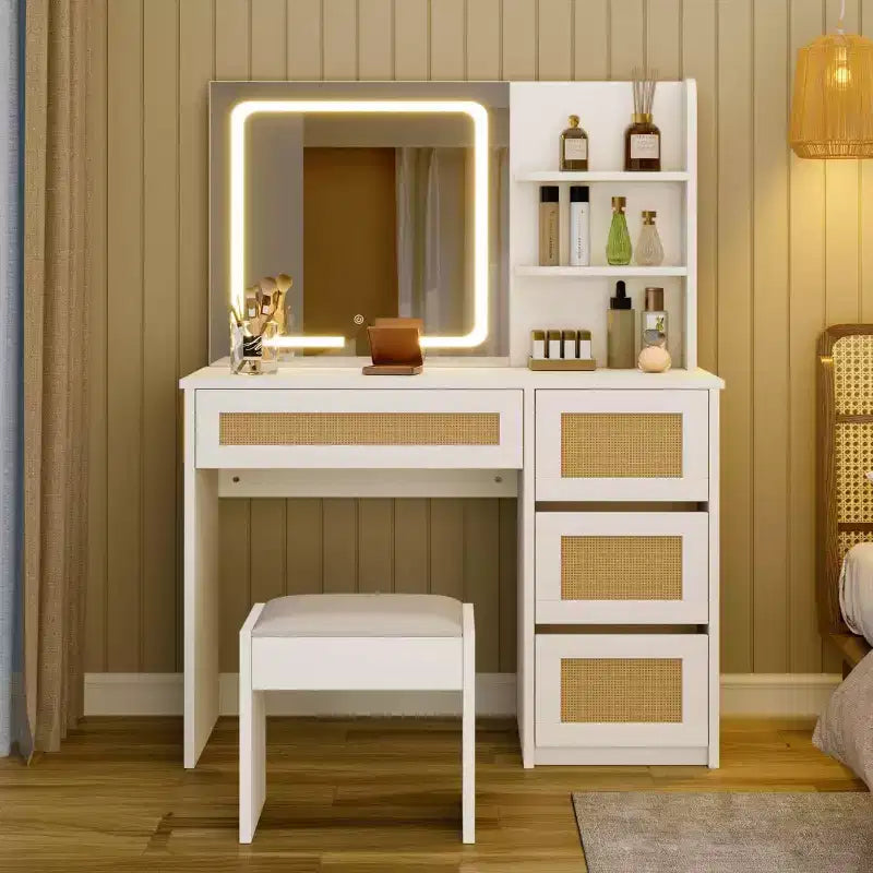 Coiffeuse avec miroir LED et tabouret, table de maquillage blanche en rotin avec 2 tiroirs, armoire de rangement pour chambre salon
