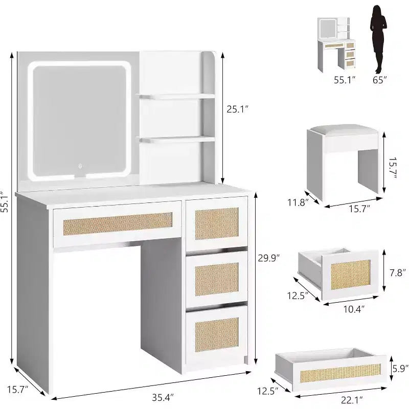Coiffeuse avec miroir LED et tabouret, table de maquillage blanche en rotin avec 2 tiroirs, armoire de rangement pour chambre salon