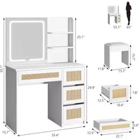 Coiffeuse avec miroir LED et tabouret, table de maquillage blanche en rotin avec 2 tiroirs, armoire de rangement pour chambre salon