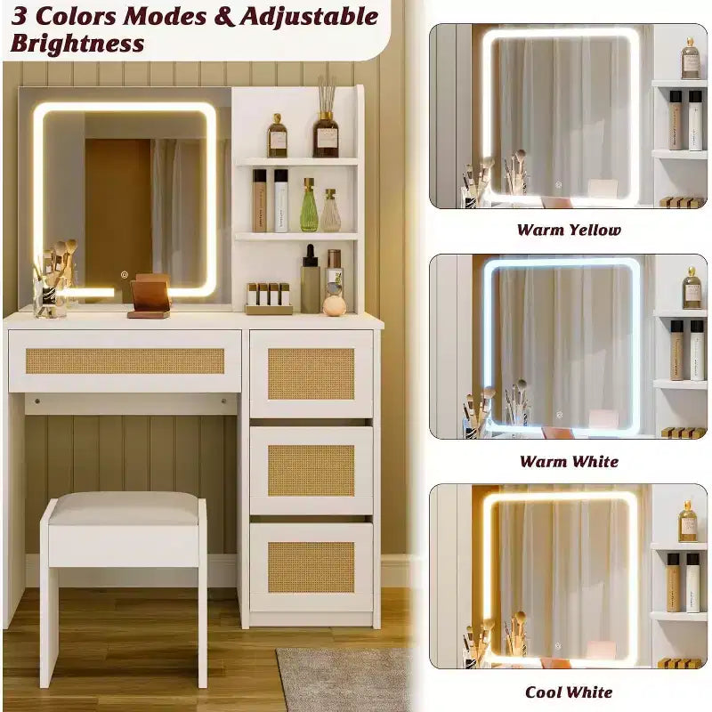 Coiffeuse avec miroir LED et tabouret, table de maquillage blanche en rotin avec 2 tiroirs, armoire de rangement pour chambre salon