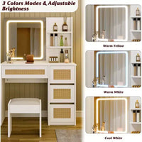 Coiffeuse avec miroir LED et tabouret, table de maquillage blanche en rotin avec 2 tiroirs, armoire de rangement pour chambre salon
