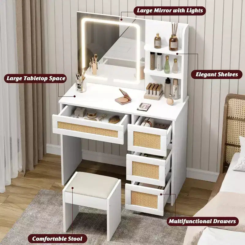 Coiffeuse avec miroir LED et tabouret, table de maquillage blanche en rotin avec 2 tiroirs, armoire de rangement pour chambre salon