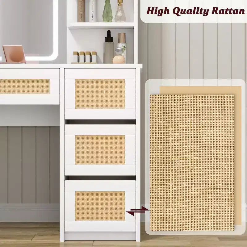 Coiffeuse avec miroir LED et tabouret, table de maquillage blanche en rotin avec 2 tiroirs, armoire de rangement pour chambre salon