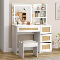 Coiffeuse avec miroir LED et tabouret, table de maquillage blanche en rotin avec 2 tiroirs, armoire de rangement pour chambre salon