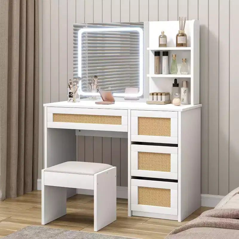 Coiffeuse avec miroir LED et tabouret, table de maquillage blanche en rotin avec 2 tiroirs, armoire de rangement pour chambre salon