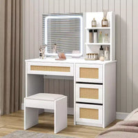 Coiffeuse avec miroir LED et tabouret, table de maquillage blanche en rotin avec 2 tiroirs, armoire de rangement pour chambre salon