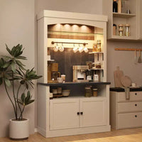 Meuble de bar à café 72" style ferme avec éclairage LED - Grand buffet avec porte-bouteilles et étagère en verre, support pour micro-ondes, garde-manger pour cuisine/salle à manger