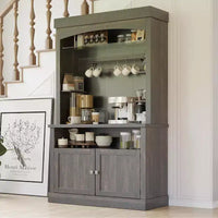 Meuble de bar à café 72" style ferme avec éclairage LED - Grand buffet avec porte-bouteilles et étagère en verre, support pour micro-ondes, garde-manger pour cuisine/salle à manger