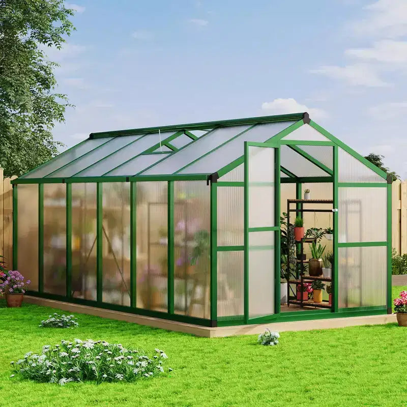 Serre 8x12 FT - grandes serres en aluminium pour l'extérieur, serre en polycarbonate très résistante avec évent de toit et piquets de sol, serres à parcourir