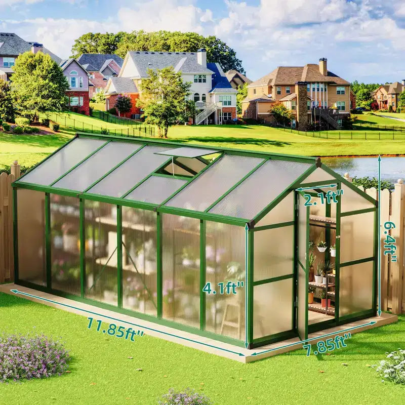 Serre de jardin 2,4x3,6 m - Grandes serres en aluminium pour l'extérieur, serre en polycarbonate robuste avec aération de toit et ancrages, serres de jardin accessibles
