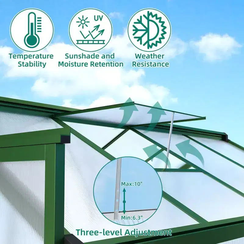 Serre de jardin 2,4x3,6 m - Grandes serres en aluminium pour l'extérieur, serre en polycarbonate robuste avec aération de toit et ancrages, serres de jardin accessibles