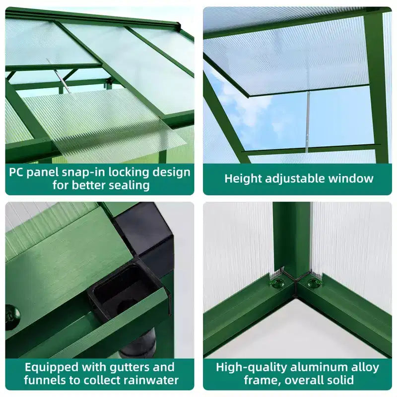 Serre de jardin 2,4x3,6 m - Grandes serres en aluminium pour l'extérieur, serre en polycarbonate robuste avec aération de toit et ancrages, serres de jardin accessibles
