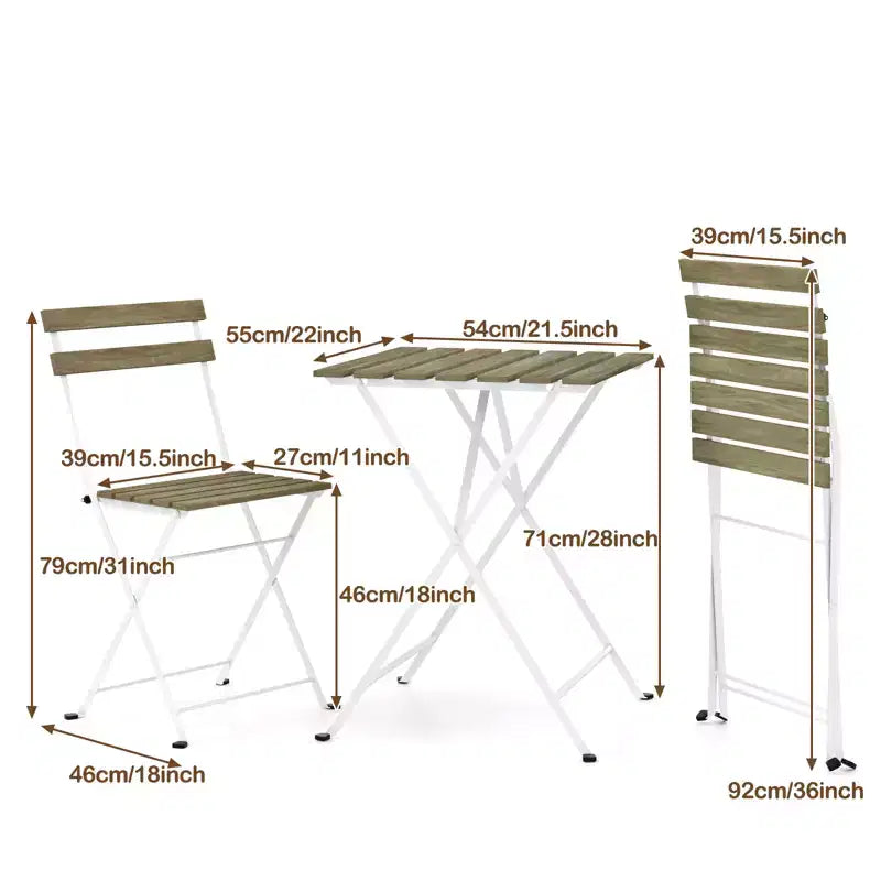 Gymax Ensemble bistro de terrasse 3 pièces en bois d'acacia avec table ronde et 2 chaises pliantes Noir + Marron/Blanc + Gris