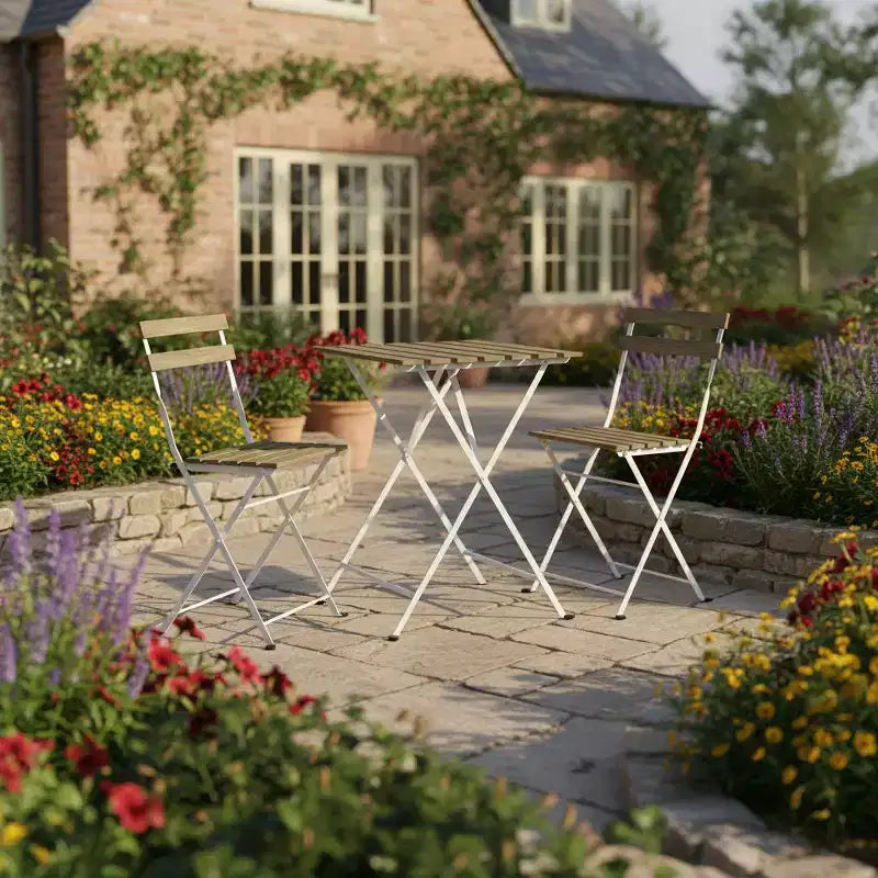 Gymax Ensemble bistro de terrasse 3 pièces en bois d'acacia avec table ronde et 2 chaises pliantes Noir + Marron/Blanc + Gris