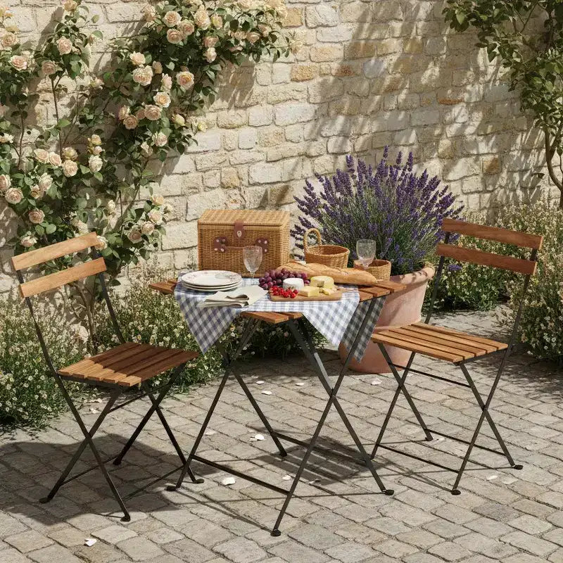 Gymax Ensemble bistro de terrasse 3 pièces en bois d'acacia avec table ronde et 2 chaises pliantes Noir + Marron/Blanc + Gris