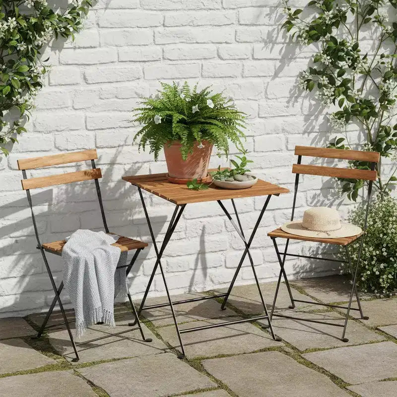 Gymax Ensemble bistro de terrasse 3 pièces en bois d'acacia avec table ronde et 2 chaises pliantes Noir + Marron/Blanc + Gris