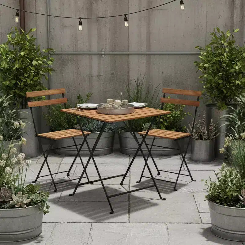 Gymax Ensemble bistro de terrasse 3 pièces en bois d'acacia avec table ronde et 2 chaises pliantes Noir + Marron/Blanc + Gris