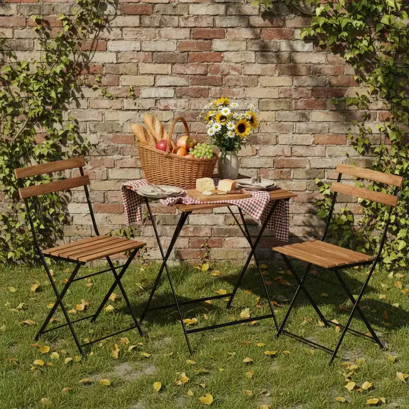 Gymax Ensemble bistro de terrasse 3 pièces en bois d'acacia avec table ronde et 2 chaises pliantes Noir + Marron/Blanc + Gris