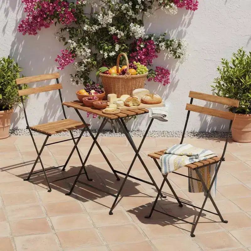 Gymax Ensemble bistro de terrasse 3 pièces en bois d'acacia avec table ronde et 2 chaises pliantes Noir + Marron/Blanc + Gris