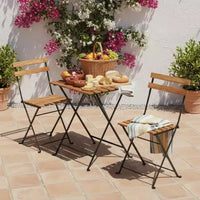 Gymax Ensemble bistro de terrasse 3 pièces en bois d'acacia avec table ronde et 2 chaises pliantes Noir + Marron/Blanc + Gris