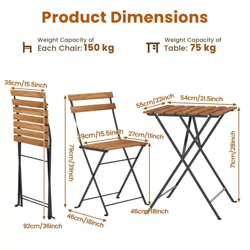 Gymax Ensemble bistro de terrasse 3 pièces en bois d'acacia avec table ronde et 2 chaises pliantes Noir + Marron/Blanc + Gris