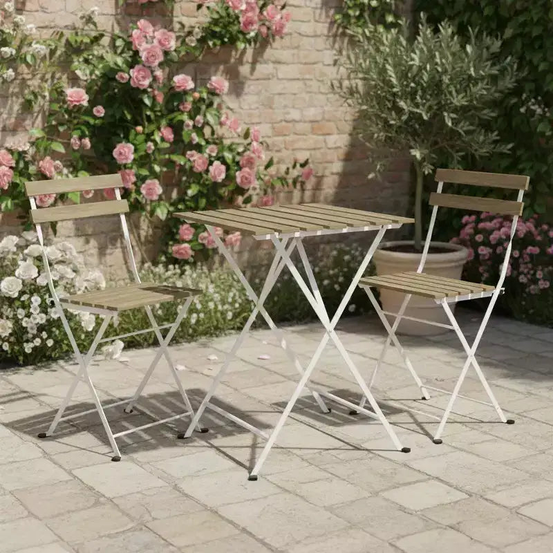 Gymax Ensemble bistro de terrasse 3 pièces en bois d'acacia avec table ronde et 2 chaises pliantes Noir + Marron/Blanc + Gris