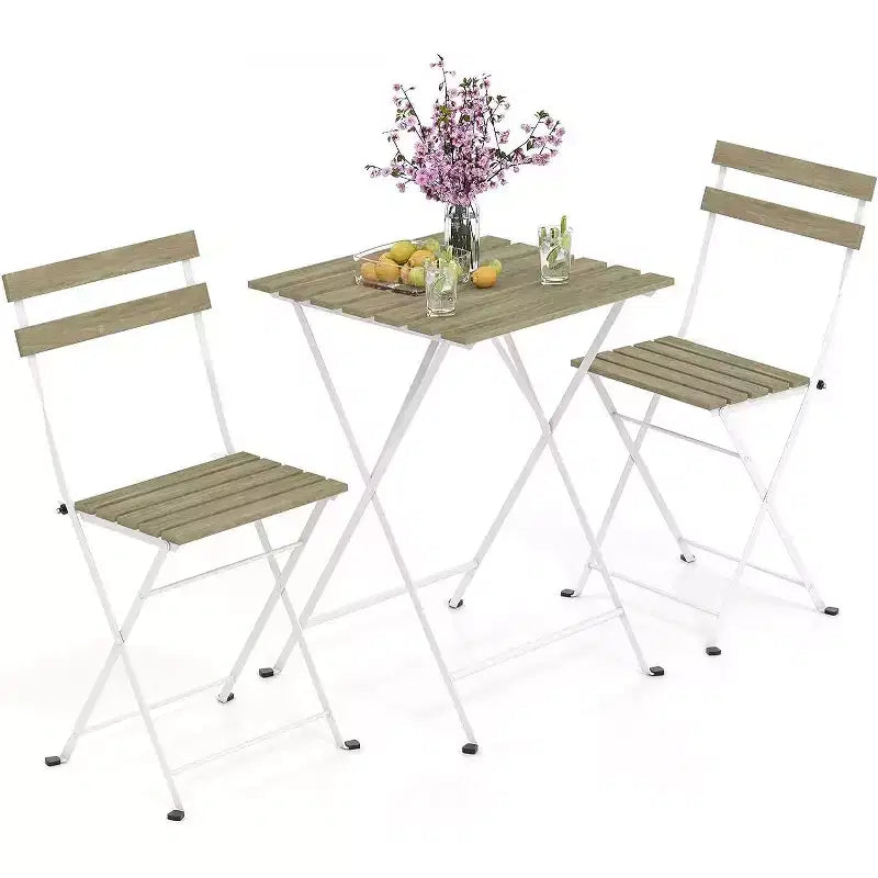 Gymax Ensemble bistro de terrasse 3 pièces en bois d'acacia avec table ronde et 2 chaises pliantes Noir + Marron/Blanc + Gris