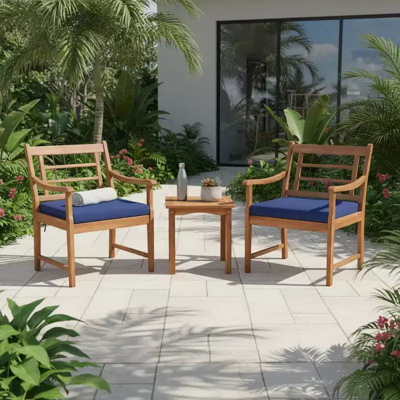 Ensemble de bistrot Gymax 3 pièces d'extérieur en bois d'acacia avec chaises ergonomiques et table basse avec coussins d'assise Gris/Bleu marine