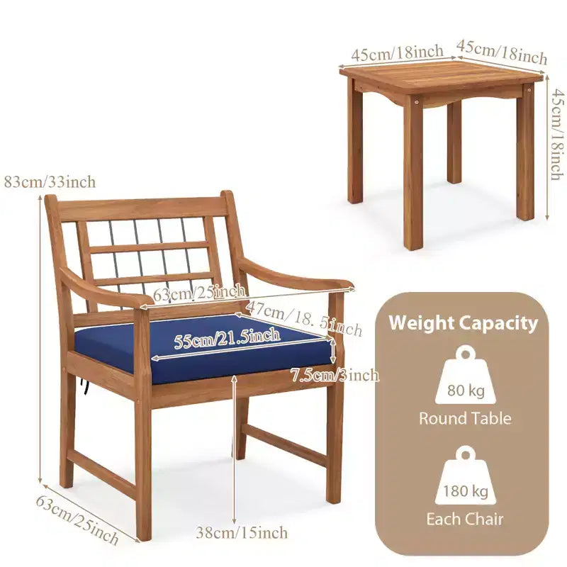 Ensemble de bistrot Gymax 3 pièces d'extérieur en bois d'acacia avec chaises ergonomiques et table basse avec coussins d'assise Gris/Bleu marine