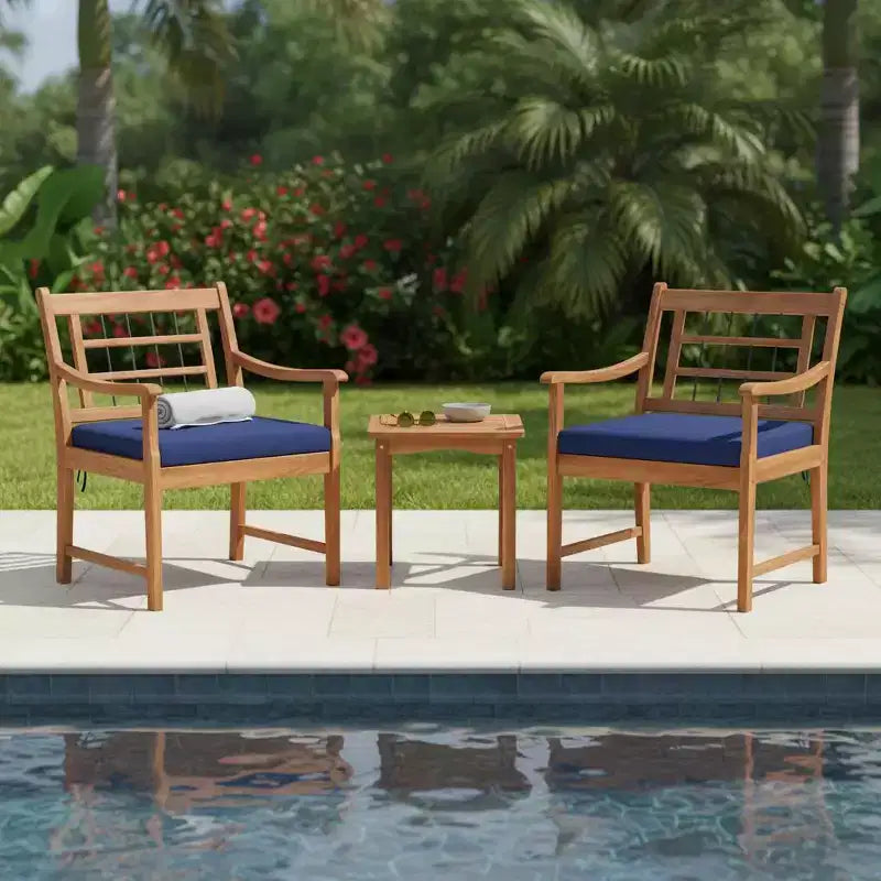 Ensemble de bistrot Gymax 3 pièces d'extérieur en bois d'acacia avec chaises ergonomiques et table basse avec coussins d'assise Gris/Bleu marine