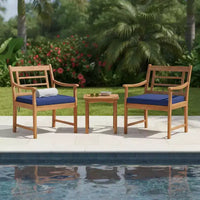 Ensemble de bistrot Gymax 3 pièces d'extérieur en bois d'acacia avec chaises ergonomiques et table basse avec coussins d'assise Gris/Bleu marine