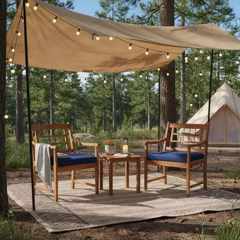 Ensemble de bistrot Gymax 3 pièces d'extérieur en bois d'acacia avec chaises ergonomiques et table basse avec coussins d'assise Gris/Bleu marine
