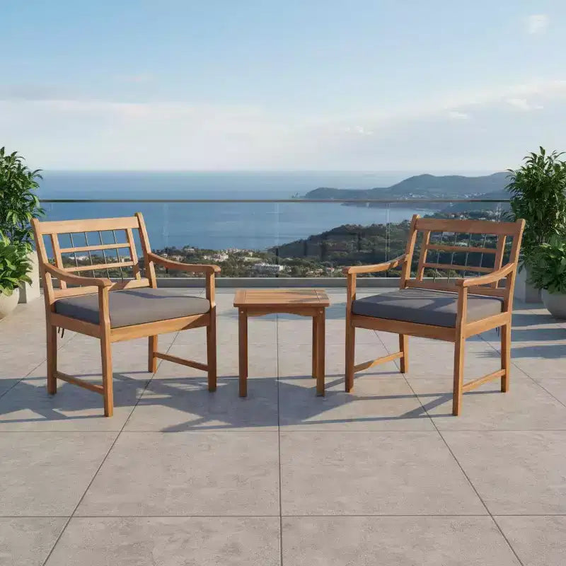 Ensemble de bistrot Gymax 3 pièces d'extérieur en bois d'acacia avec chaises ergonomiques et table basse avec coussins d'assise Gris/Bleu marine