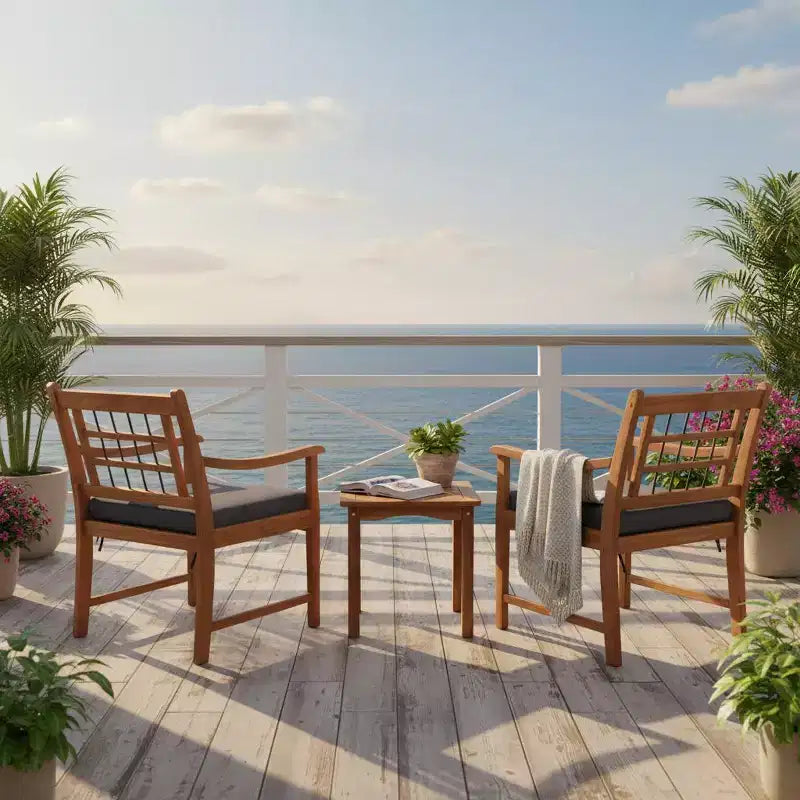 Ensemble de bistrot Gymax 3 pièces d'extérieur en bois d'acacia avec chaises ergonomiques et table basse avec coussins d'assise Gris/Bleu marine