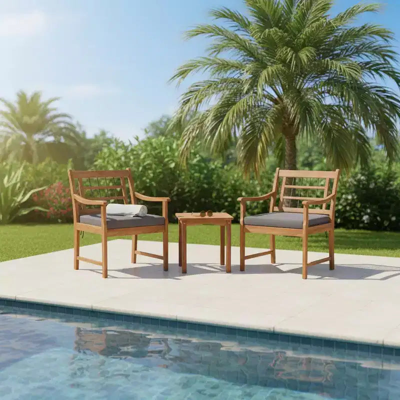 Ensemble de bistrot Gymax 3 pièces d'extérieur en bois d'acacia avec chaises ergonomiques et table basse avec coussins d'assise Gris/Bleu marine