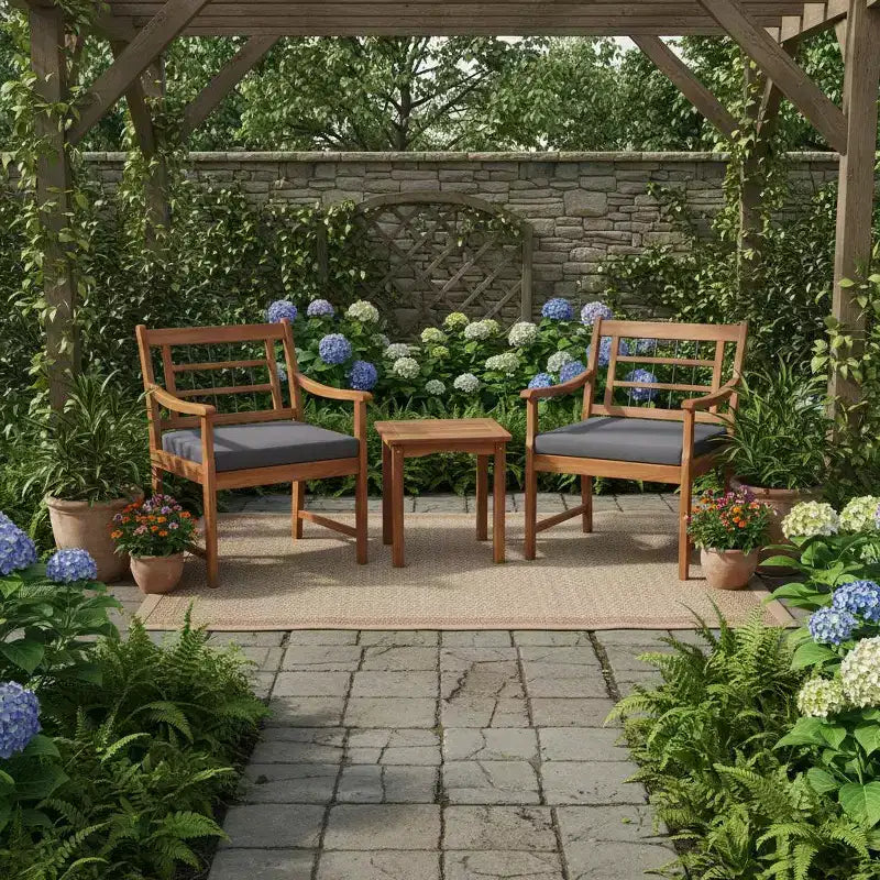 Ensemble de bistrot Gymax 3 pièces d'extérieur en bois d'acacia avec chaises ergonomiques et table basse avec coussins d'assise Gris/Bleu marine