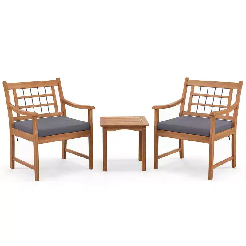 Gymax 3-Piece Outdoor Acacia Wood Bistro Set with Ergonomic Chairs and Coffee Table Cushioned Seating Gray/Navy
