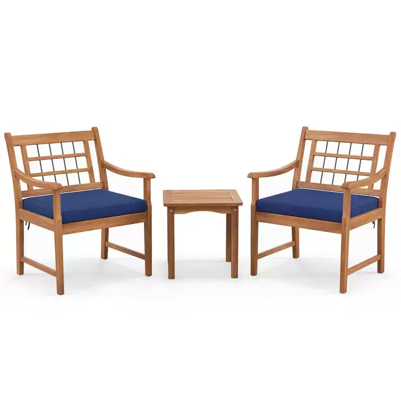 Ensemble de bistrot Gymax 3 pièces d'extérieur en bois d'acacia avec chaises ergonomiques et table basse avec coussins d'assise Gris/Bleu marine